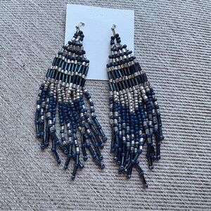Elegant Beaded Fringe Earrings Handmade Blue Silver